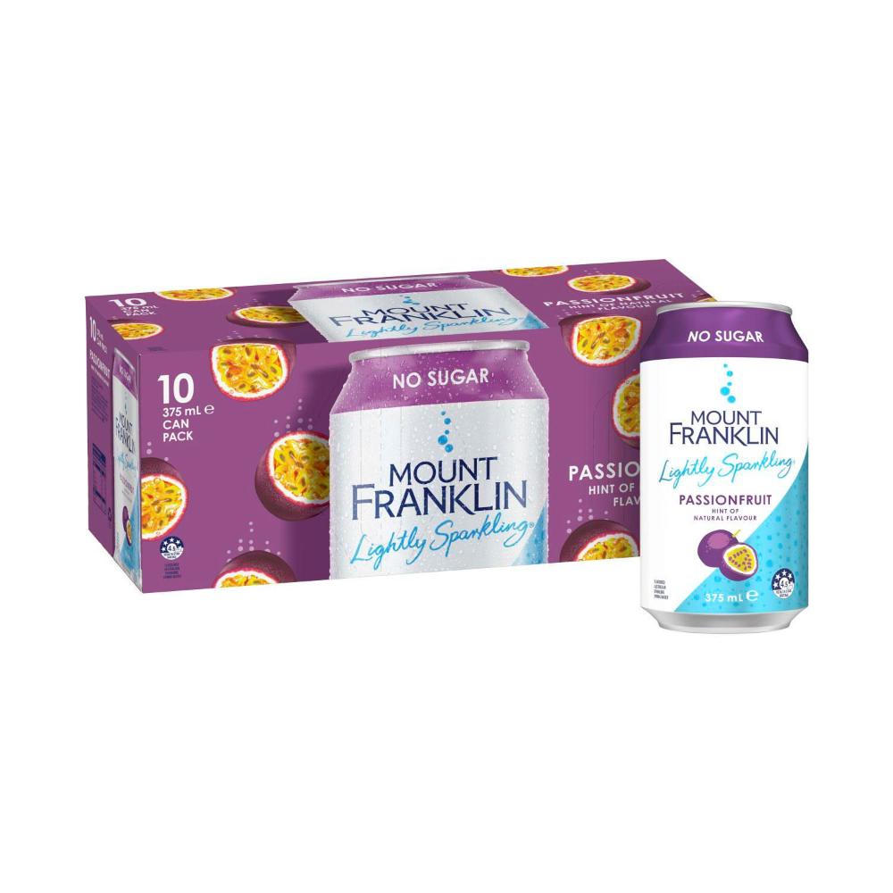 Mount Franklin Lightly Sparkling Water Passionfruit Multipack Cans 375ml - 10 Pack