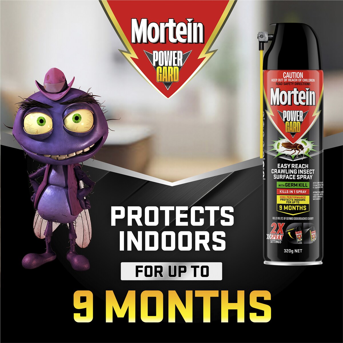 Mortein Powergard Crawling Insect Spray Easy Reach w/ Germ Kill 320g