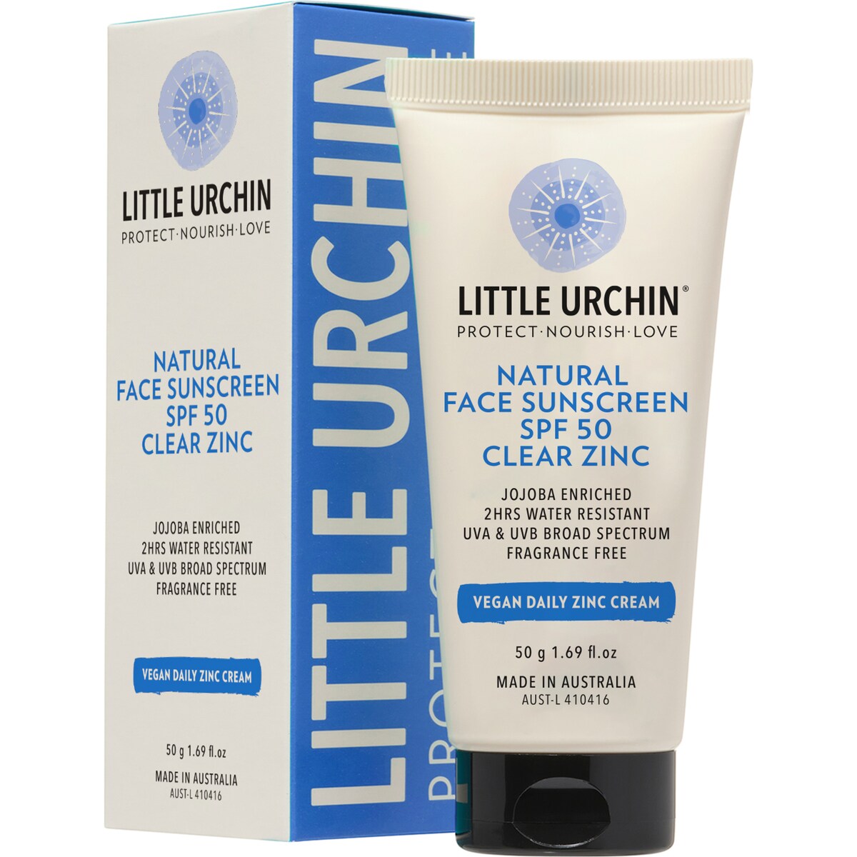 Little Urchin Natural Face Sunscreen Spf50 Clear Zinc 50g