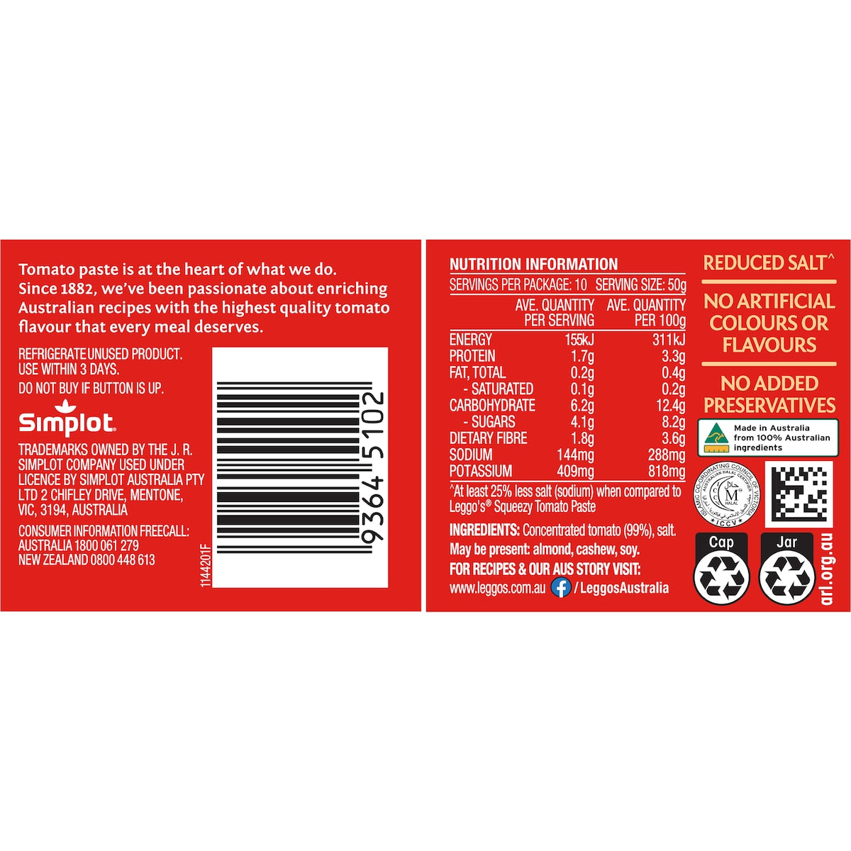 Leggos Australian Grown Tomato Paste Triple Concentrate 500g