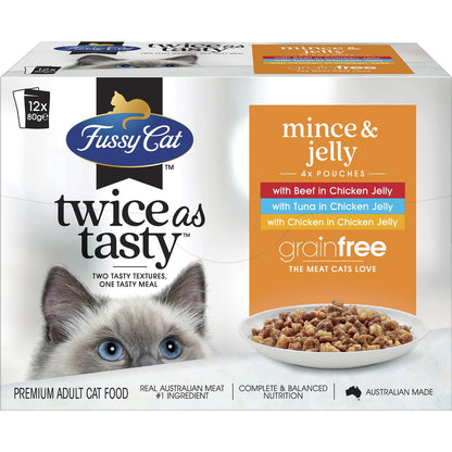 Fussy Cat Grainfree Mince & Jelly Puches Adult Cat Wet Food 80g x 12 pack