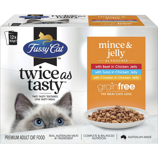 Fussy Cat Grainfree Mince & Jelly Puches Adult Cat Wet Food 80g x 12 pack