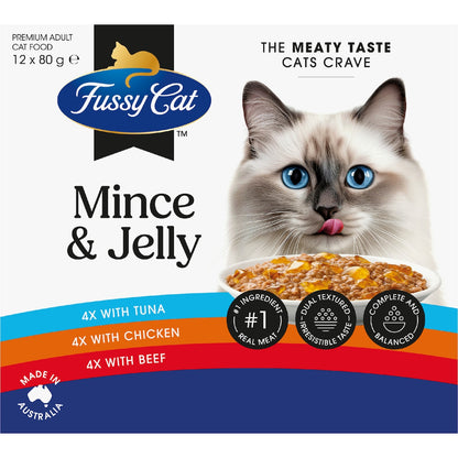 Fussy Cat Adult Grainfree Mince & Jelly Pouches Cat Wet Food 80g X 12 Pack