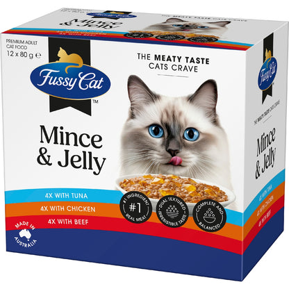 Fussy Cat Adult Grainfree Mince & Jelly Pouches Cat Wet Food 80g X 12 Pack
