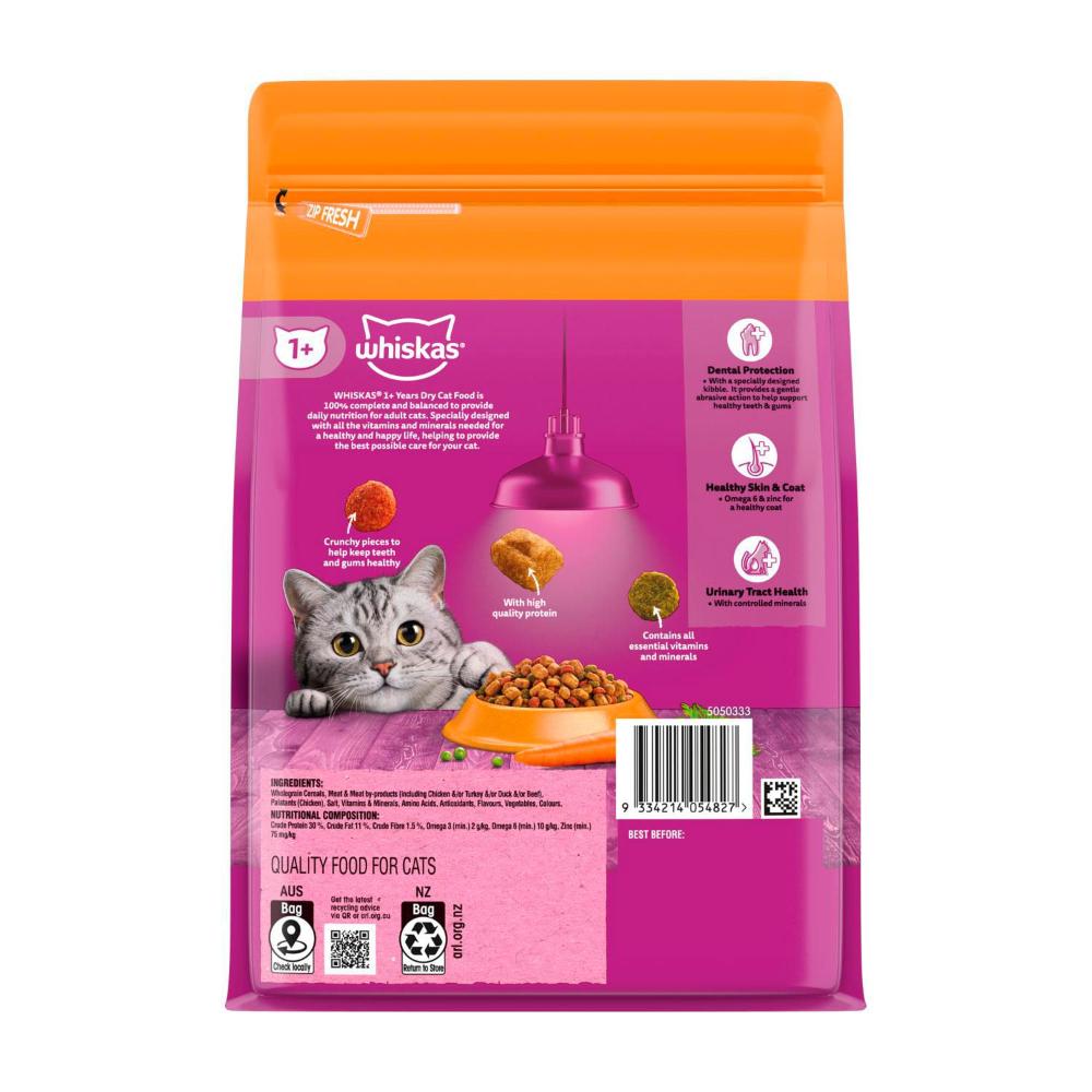 Whiskas Adult 1+ Years Dry Cat Food Chicken & Rabbit Flavour - 800g
