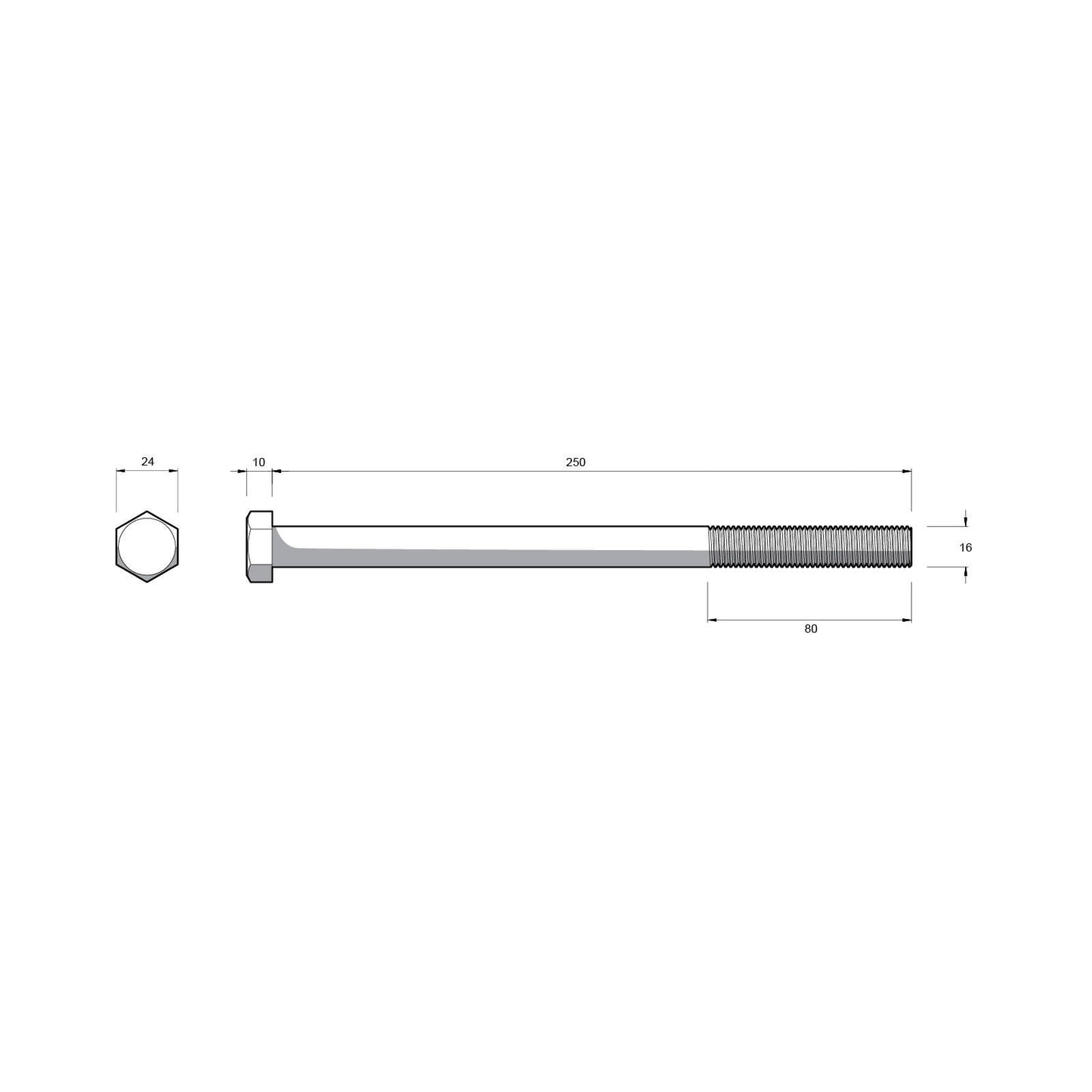 Zenith M16 x 250mm - Hot Dip Galvanised Hex Head Bolts & Nuts - 12 Pack