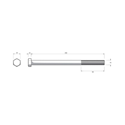 Zenith M16 x 250mm - Hot Dip Galvanised Hex Head Bolts & Nuts - 12 Pack