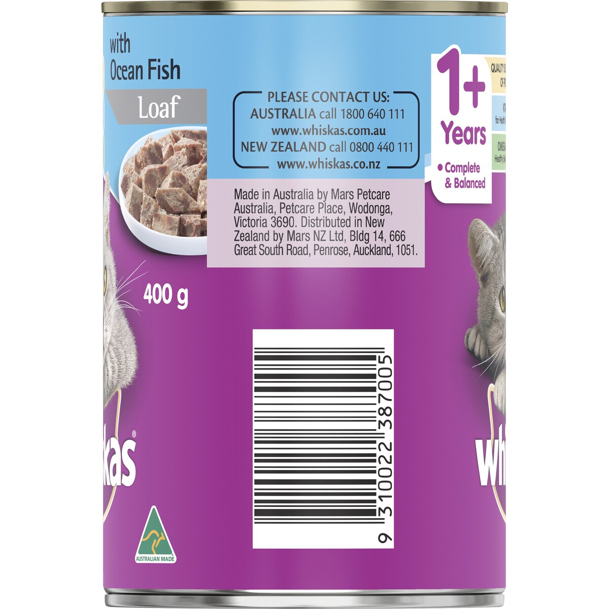 Whiskas 1+ Years Wet Cat Food Ocean Fish Loaf 400g Can