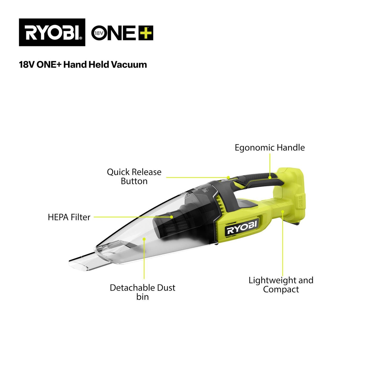 Ryobi Hand Vacuum - 18V One - 600ml - HEPA - Tool Only