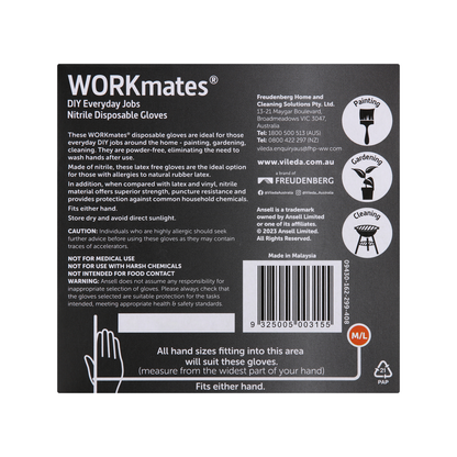 Vileda Ansell Workmates Nitrile Disposable Gloves Medium Large - 36 Pack