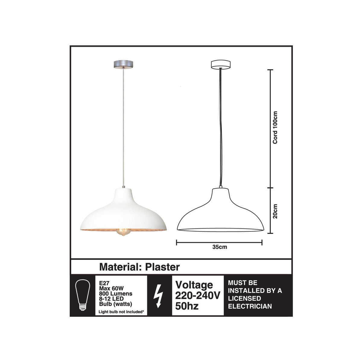 Home Design Bianco Pendant Light - Industrial Plaster - 350mm - Elegant