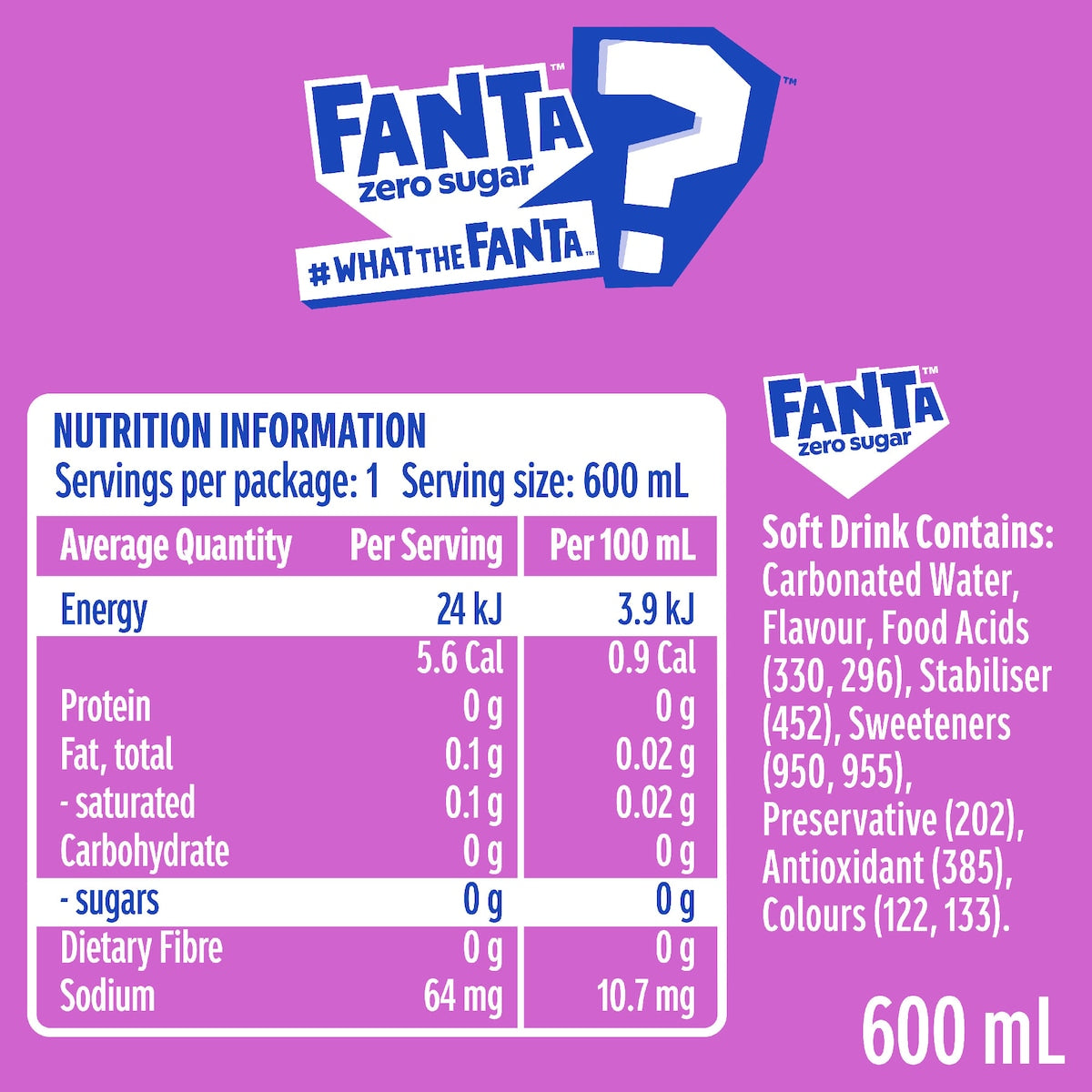 Fanta Zero Sugar What The Soft Drink 600ml