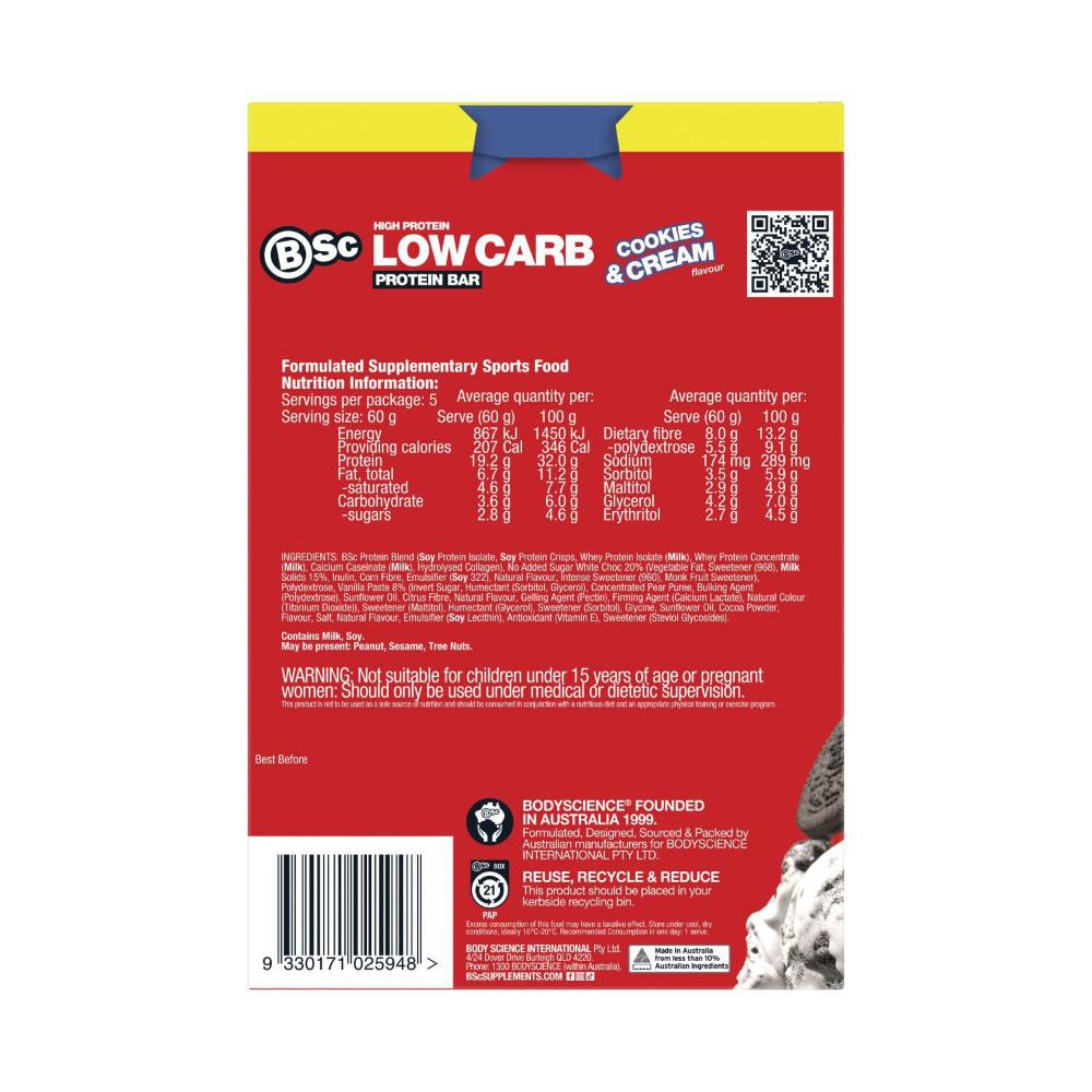 BSc High Protein Low Carb Bar Cookies & Cream 5 Bar Value Pack 5x60g - 300g