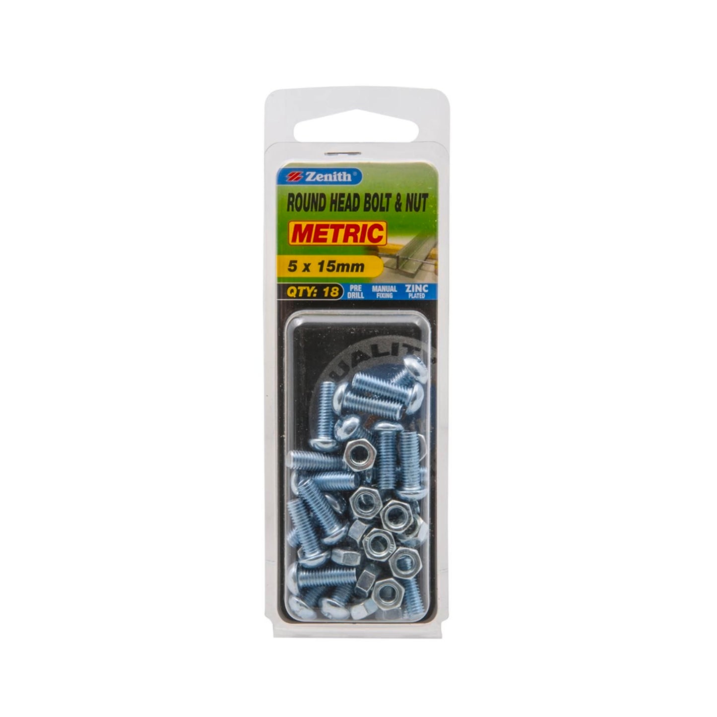 Zenith Bolt & Nut - 5 x 15mm - Round Head - 18 Pack