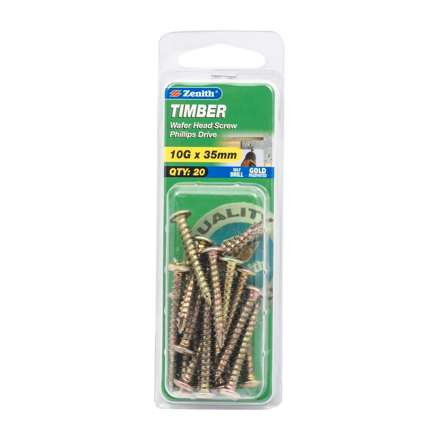 Zenith Timber Screws - 10g x 35mm - Gold Wafer Head - 20 Pack
