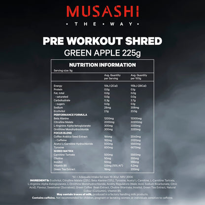 Musashi Pre Workout Shred Green Apple 182mg