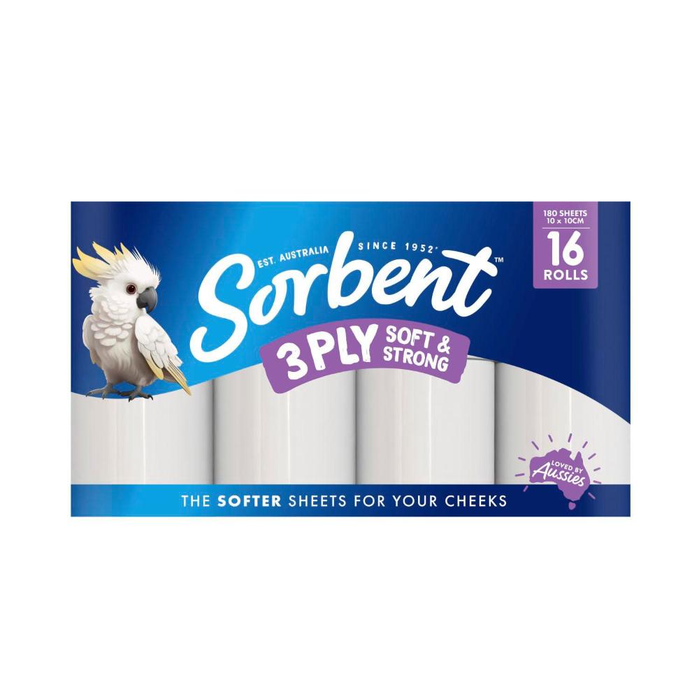 Sorbent 3 Ply Soft & Strong Toilet Paper - 16 Pack