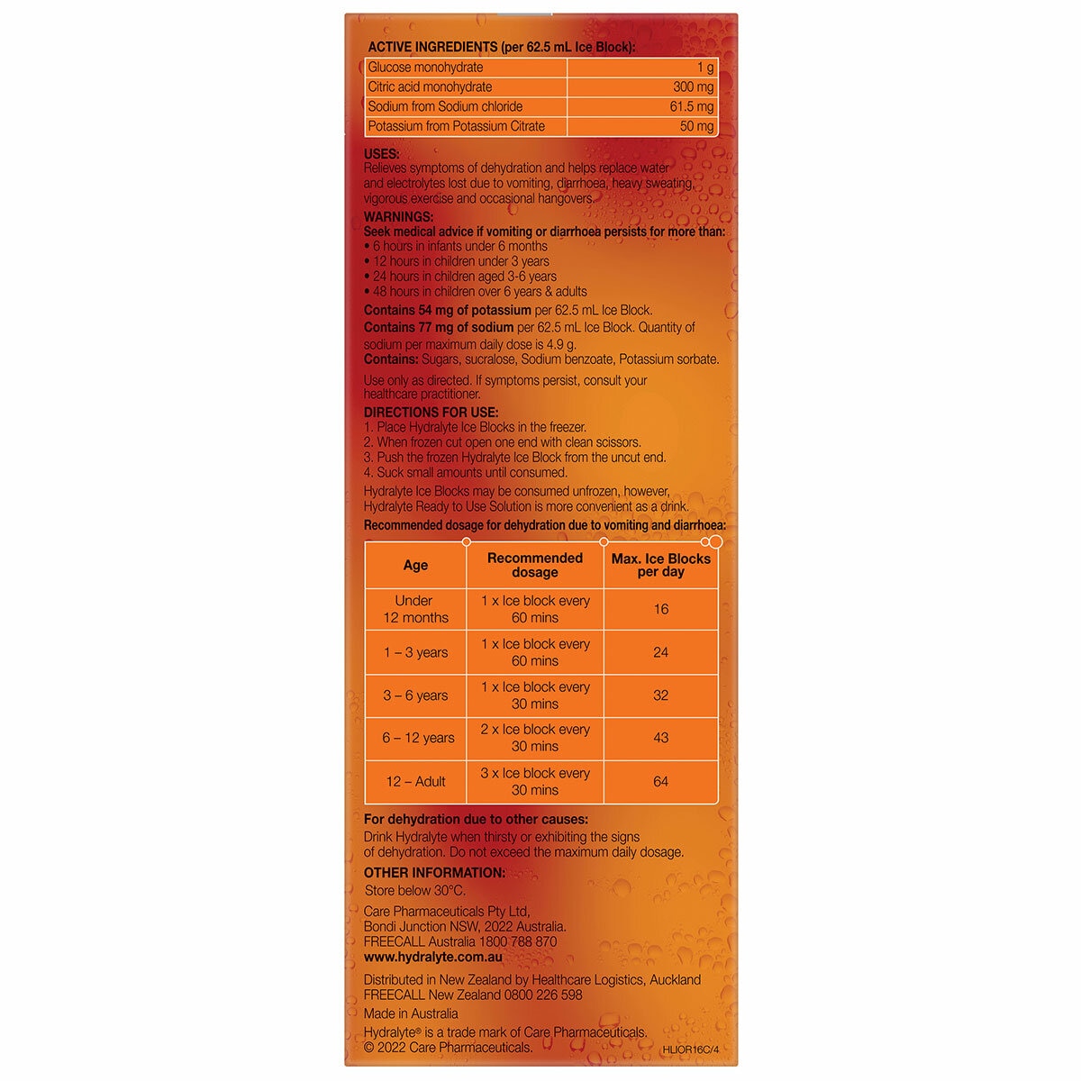 Hydralyte Electrolyte Ice Blocks Orange 2 x 16