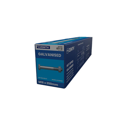 Zenith M16 x 250mm - Hot Dip Galvanised Hex Head Bolts & Nuts - 12 Pack