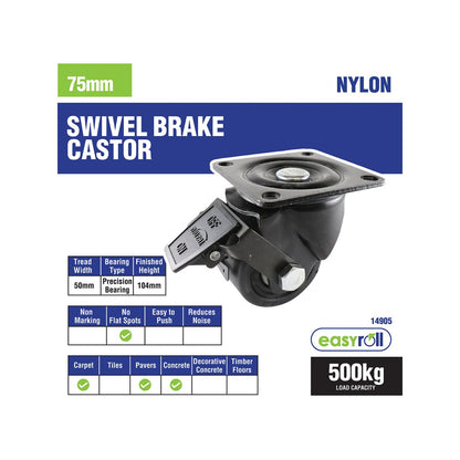 Easyroll 75mm Black Swivel Brake Castor Nylon 500kg Load Capacity