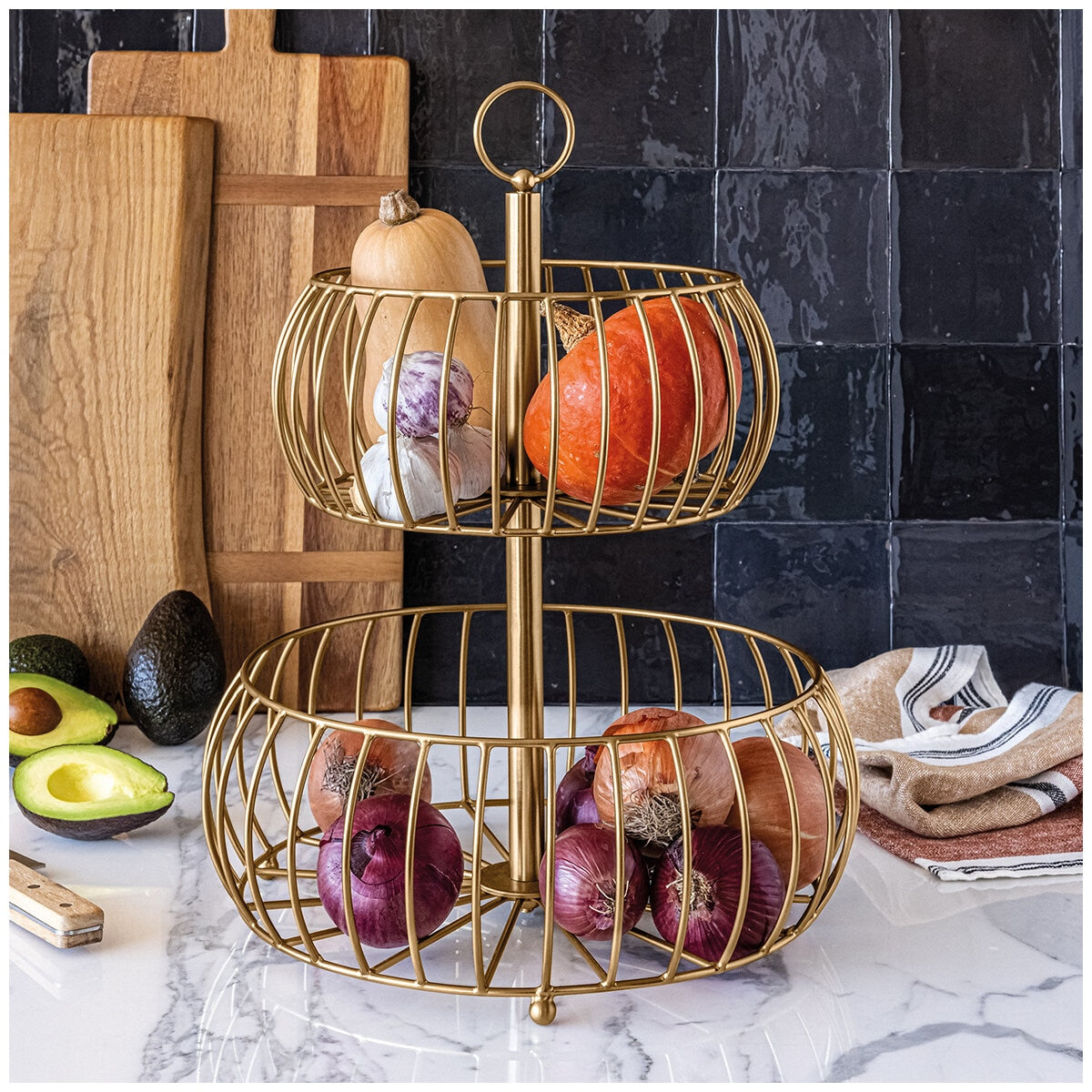 Over&back Two-Tier Golden Fruit Basket TS-01-GB Brushed Gold Metal