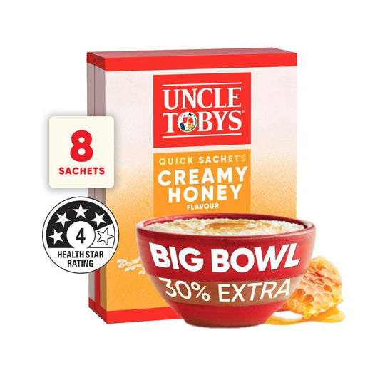 Une Tobys Oats Quick Sachets Breakfast Cereal Creamy Honey Big Bowl - 368g