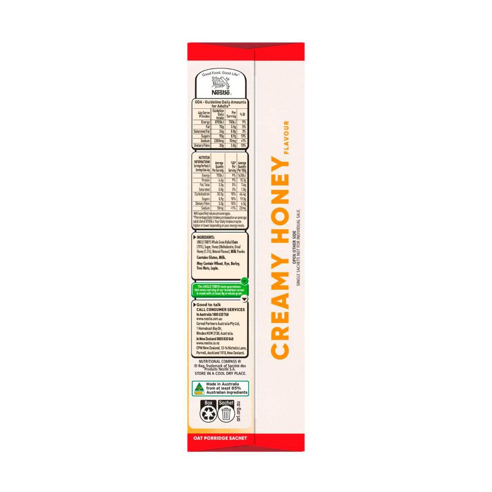 Une Tobys Oats Quick Sachets Breakfast Cereal Creamy Honey Big Bowl - 368g