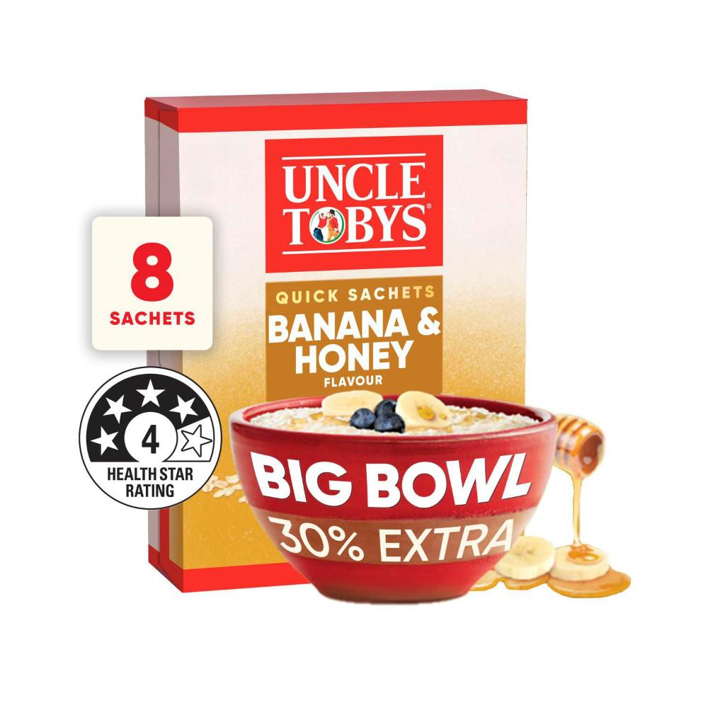 Uncle Tobys Oats Quick Sachets Breakfast Cereal Banana Honey Big Bowl - 368g