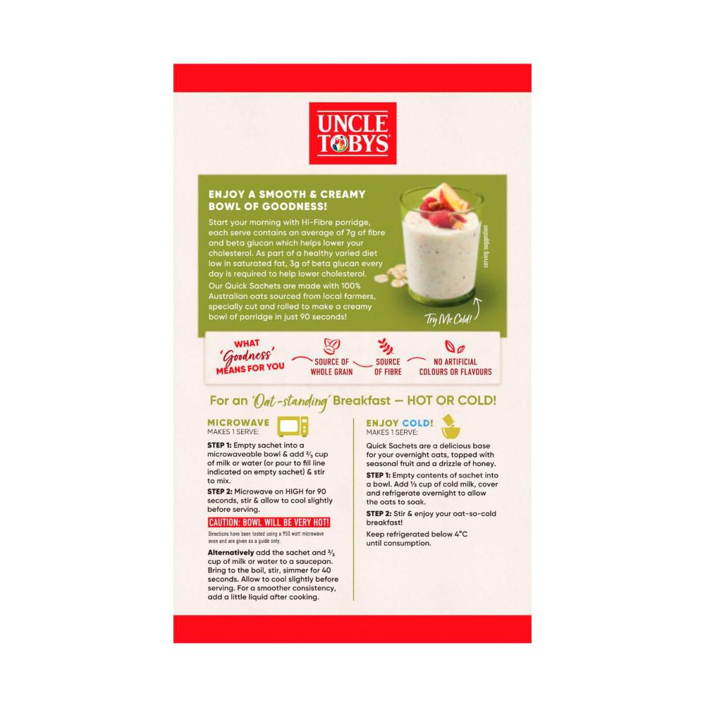 Une Tobys Oats Quick Sachets Breakfast Cereal Hi Fibre - 320g