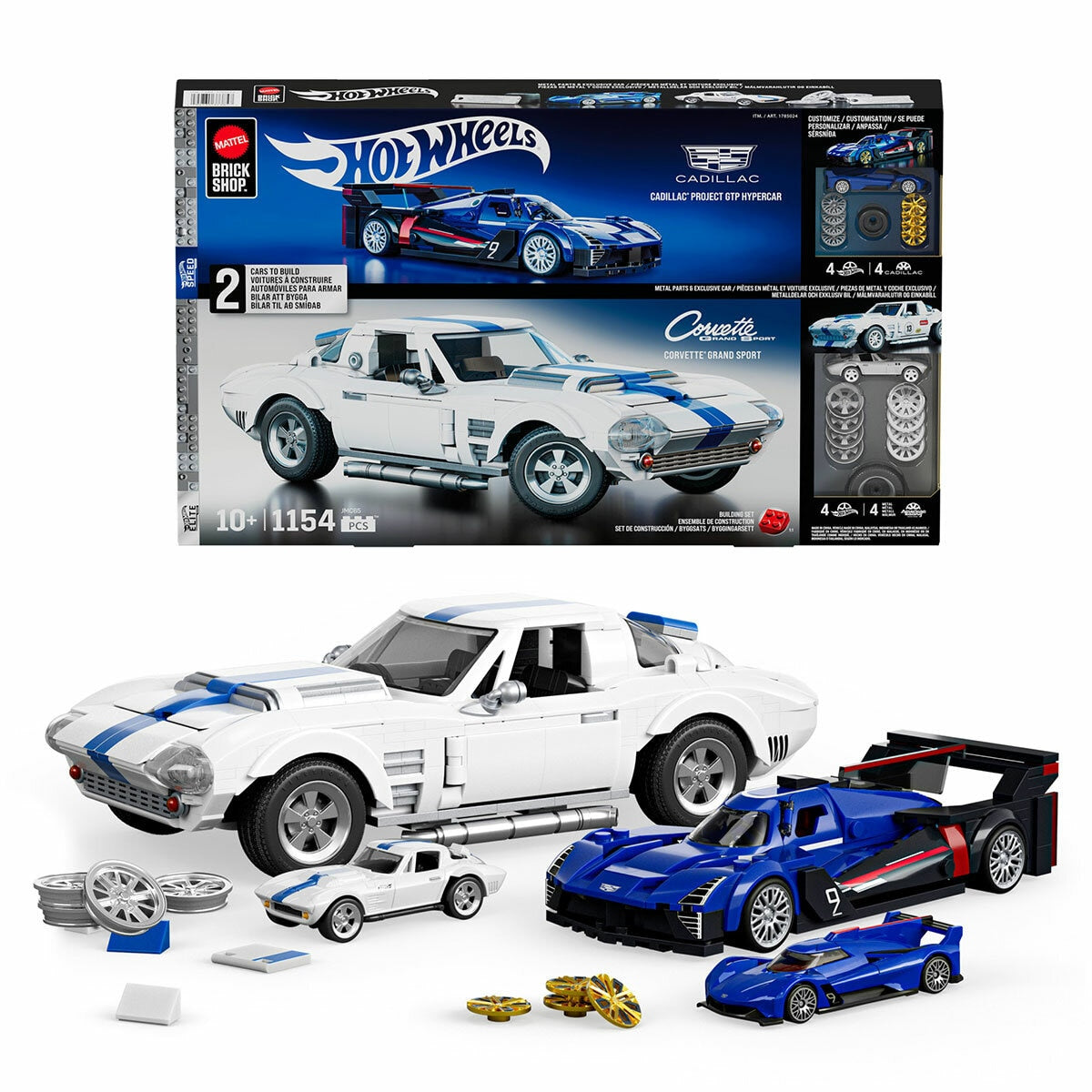 Mattel Brick Shop Hot Wheels Buildable Cars 1:32 Cadillac & 1:16 Corvette