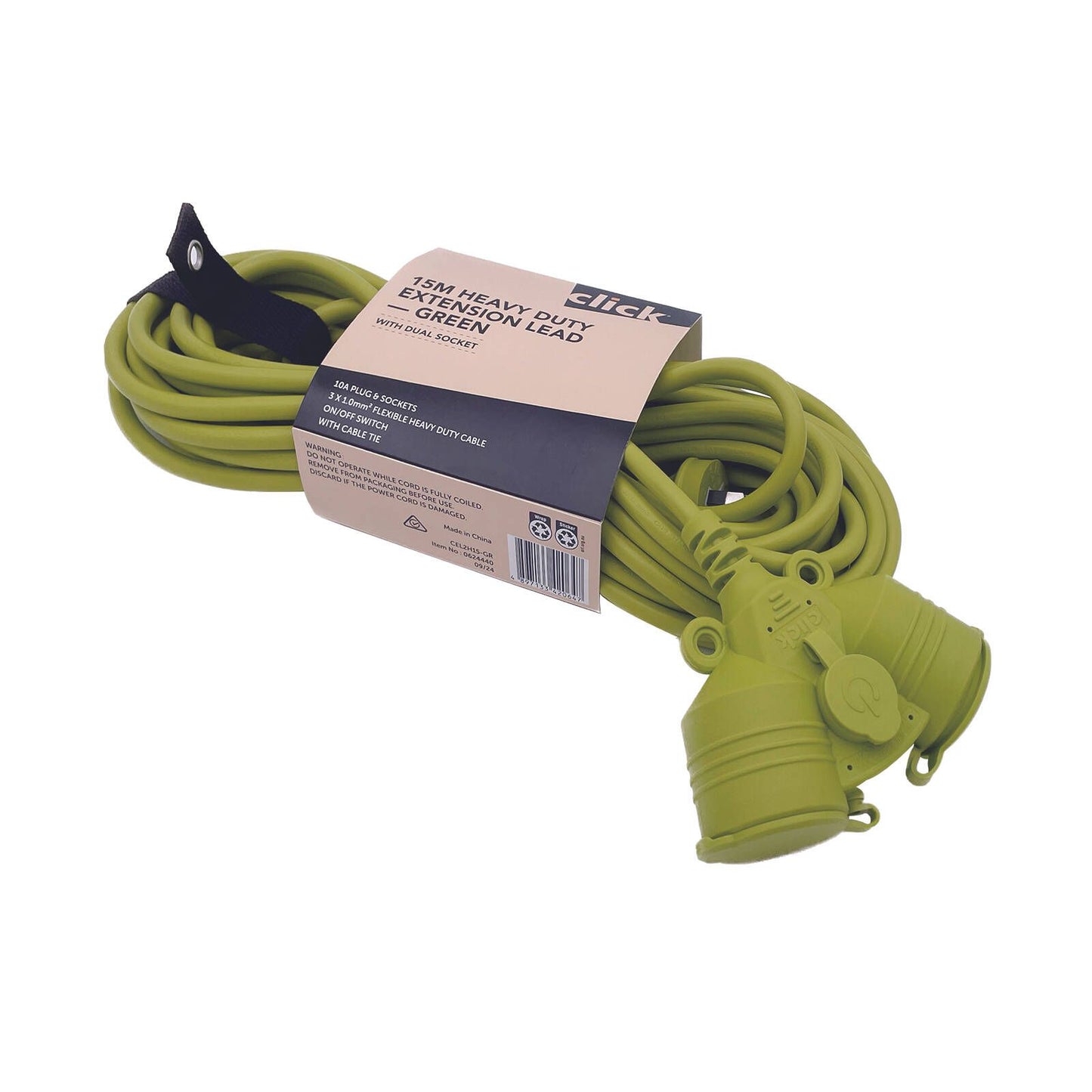 Click Green Heavy Duty Extension Lead - Dual Socket - 15m
