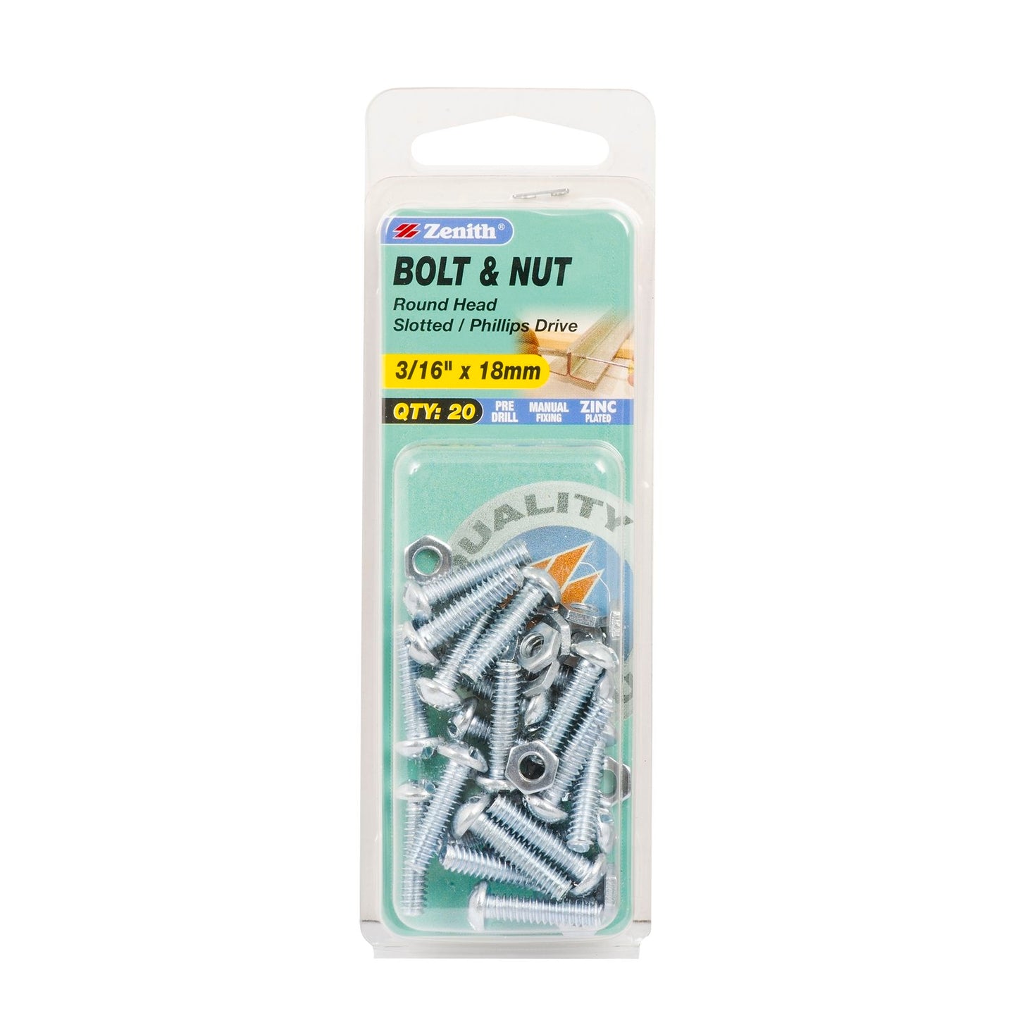 Zenith Round Head Bolt & Nut - 3/16 x 18mm - 20 Pack