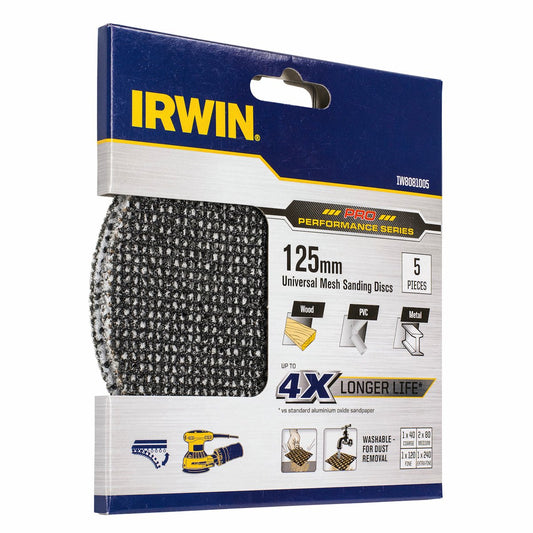Irwin 125mm Universal Mesh Sanding Discs Mixed Grit - 5 Pack