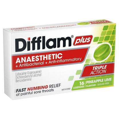 Difflam Plus Anaesthetic Sugar Free Pineapple & Lime Lozenges - 16 Count