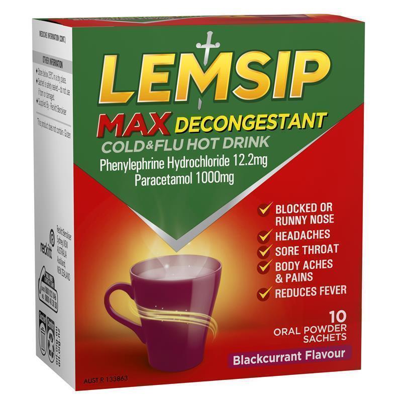 Lemsip Max Cold & Flu Hot Drink with Decongestant Blackcurrant 10 Sachets - Fast Relief