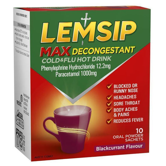 Lemsip Max Cold & Flu Hot Drink with Decongestant Blackcurrant 10 Sachets - Fast Relief