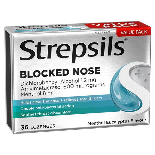 Strepsils Plus Blocked Nose Relief Throat Lozenges - Menthol Eucalyptus 36 Pack