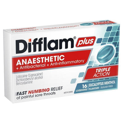Difflam Plus Anaesthetic Sugar Free Eucalyptus Menthol Lozenges - 16 Count