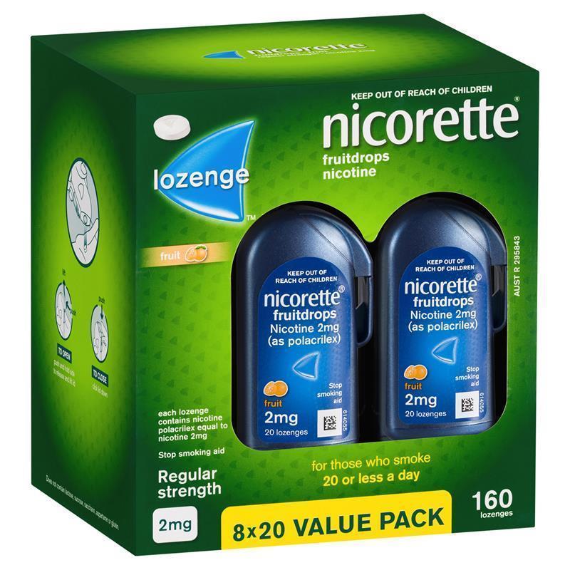 Nicorette Quit Smoking Regular Strength Nicotine Lozenge Fruitdrops - 8 x 20 Pack