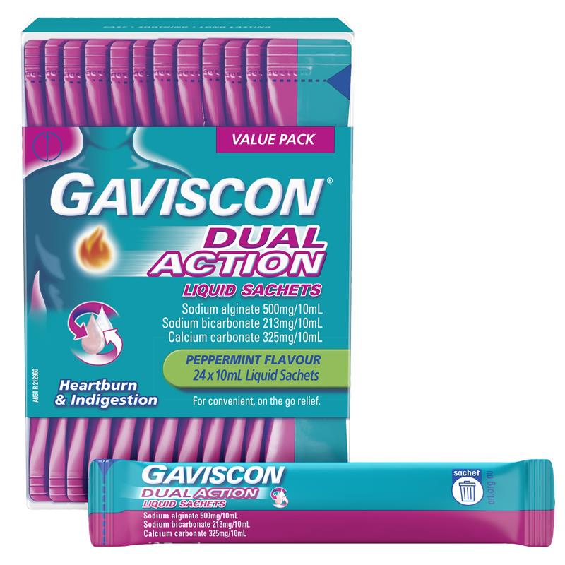 Gaviscon Dual Action Liquid Sachets Peppermint 24 Pack - Soothing Heartburn Relief