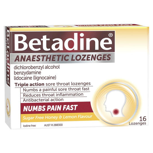 Betadine Sore Throat Lozenges - Anaesthetic Honey & Lemon Flavour (16 Pack)