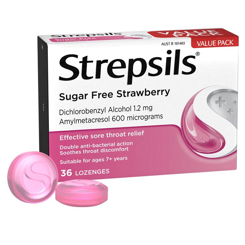 Strepsils Sugar Free Strawberry 36 Lozenges - Antibacterial Sore Throat Relief