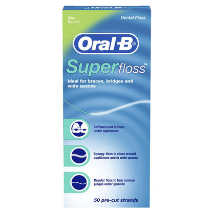 Oral B Superfloss Dental Floss Pre-Cut Strands 50 Pack - Ideal for Braces