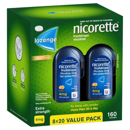 Nicorette Quit Smoking Extra Strength Nicotine Lozenge Fruitdrops - 8 x 20 Pack