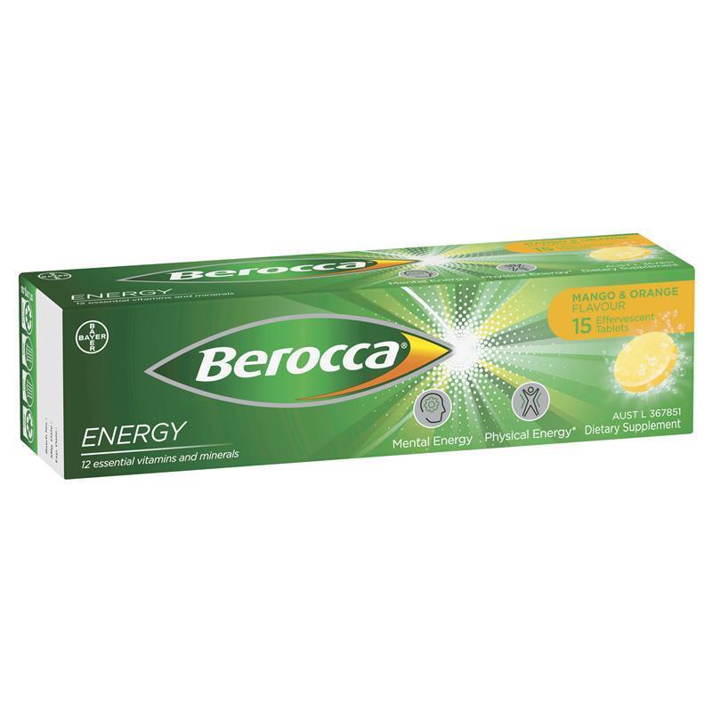 Berocca Energy Mango and Orange 15 Effervescent Tablets - Boost Your Energy Naturally