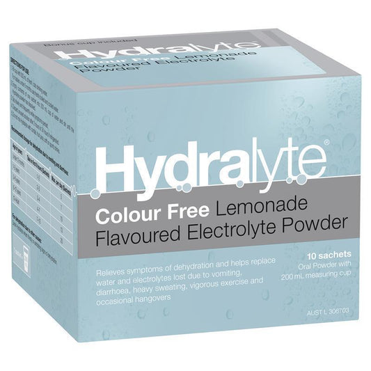 Hydralyte Electrolyte Powder - Colour Free Lemonade - 4.9g x 10 Sachets