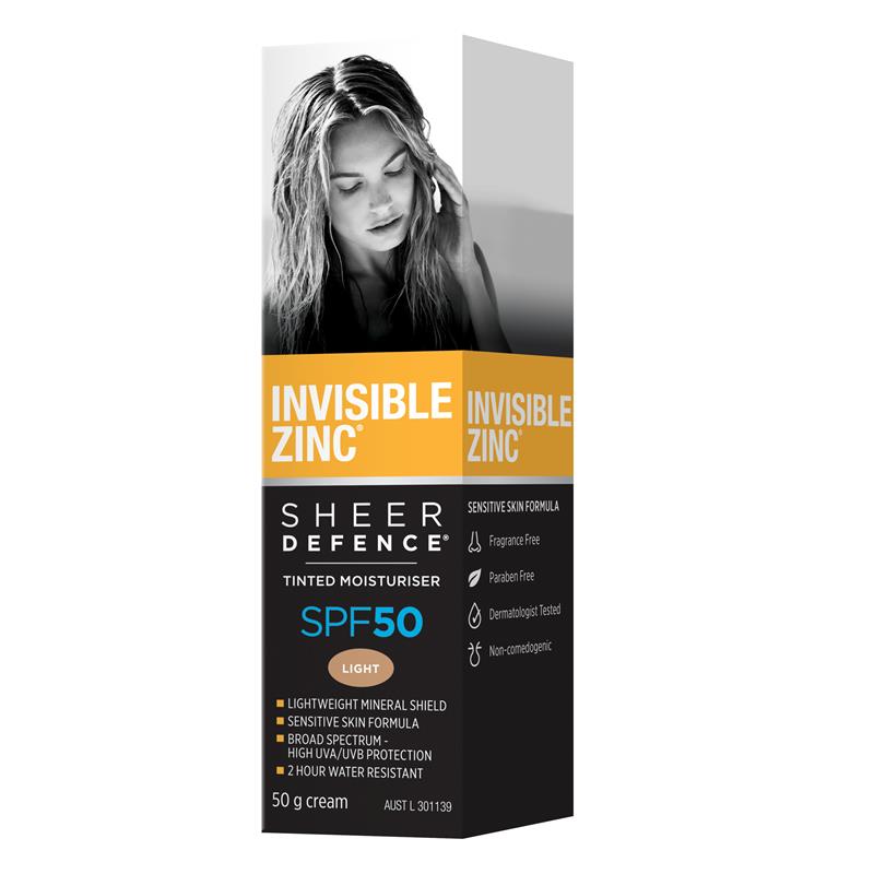 Invisible Zinc SPF 50+ Sheer Defence Tinted Moisturiser Light 50g - Flawless Protection for Everyday Use