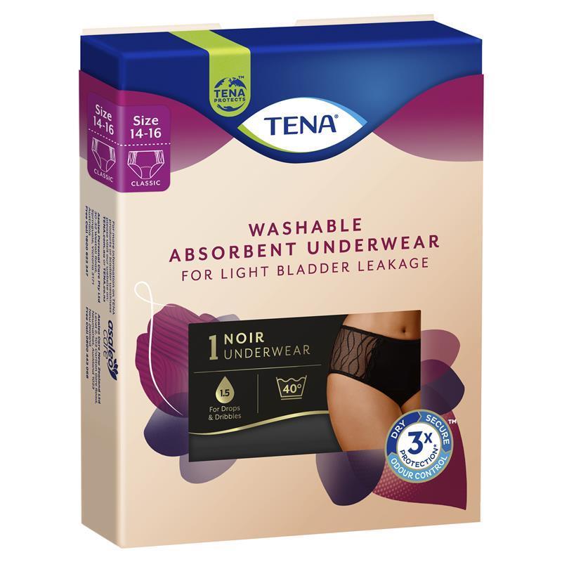 TENA Washable Absorbent Underwear Classic Noir - Size 14-16