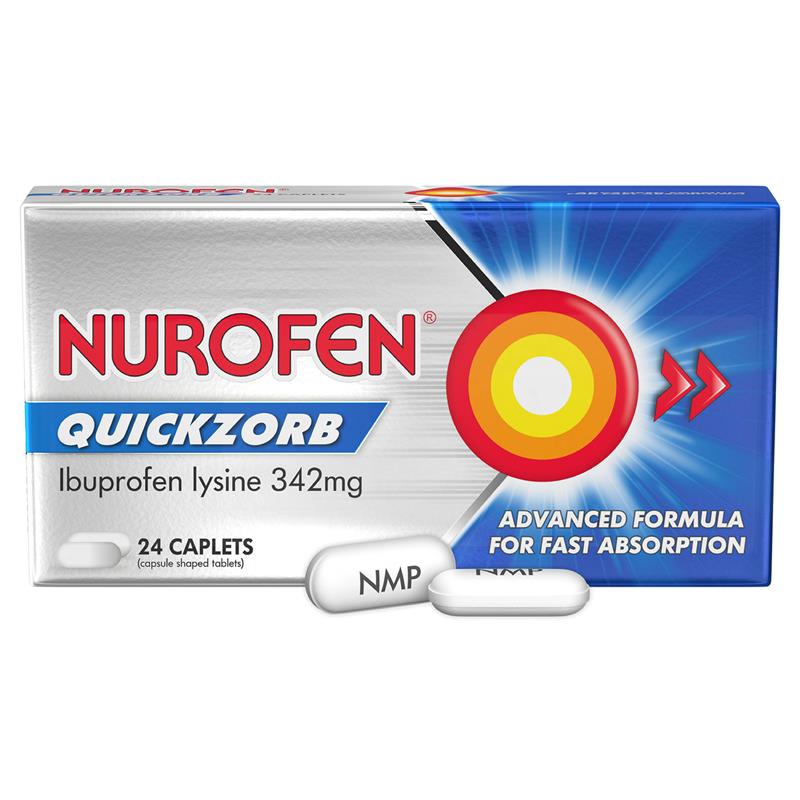 Nurofen Quickzorb Pain Relief Caplets 24 Pack - Fast-Acting Ibuprofen Lysine 342mg