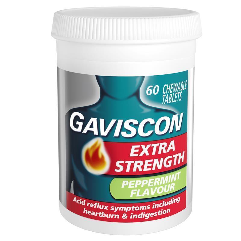 Gaviscon Extra Strength Peppermint 60 Chewable Tablets - Maximum Heartburn Relief